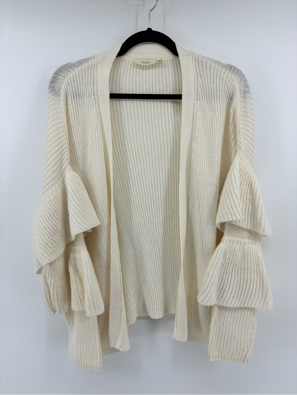 Cream White Boho Knit Open-Front Ruffle Sleeve Sweater Cardigan